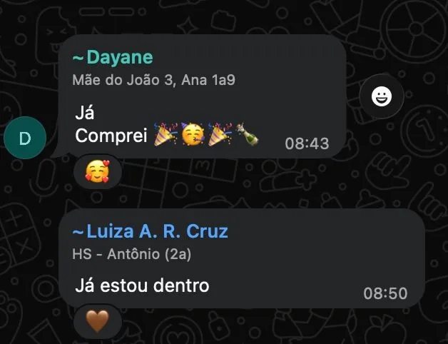 Depoimento de Dayane e Luiza no grupo
